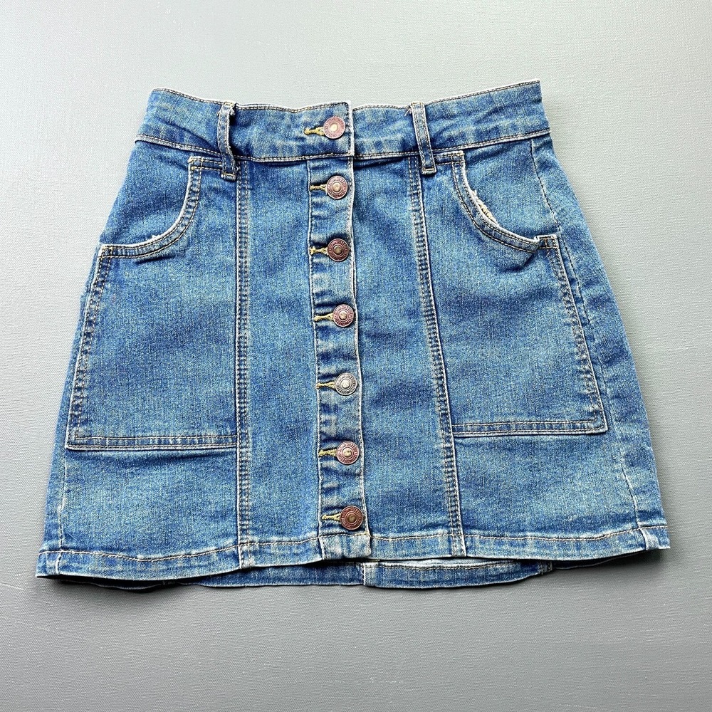 Sky and Sparrow Juniors Size 1 Blue Denim Mini Skirt High Waist Button Front Fit